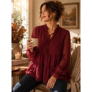 Prettygarden Burgundy Swiss Dot Tiered Babydoll Blouse Ruffle Neck Tie Front M